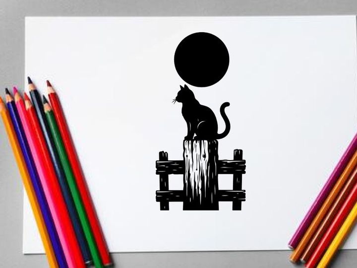 Silhouette of a cat sitting on a wooden fence with a full moon overhead