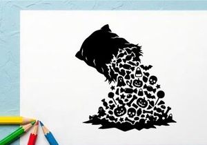 Black and white abstract illustration of a hawk with scattered icons