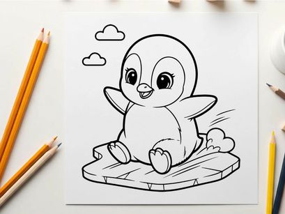 Cute baby penguin waving on ice vector illustration