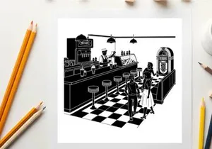 Black and white silhouette of a classic american diner interior scene