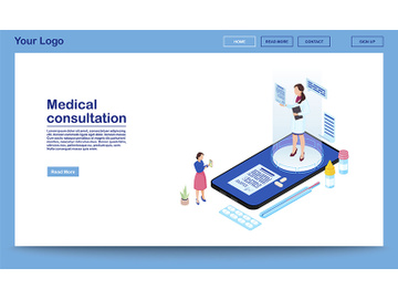 Medical consultation online isometric promo webpage template preview picture