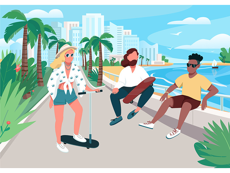 Young men and woman summer activity flat color vector illustration