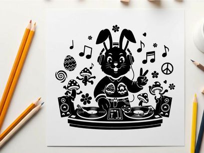 Groovy silhouette bunny dj spinning records with peace signs