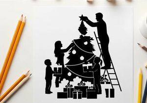 Family decorating christmas tree in silhouette