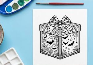 Halloween gift box coloring page. Spooky present with bats and spider webs for kids.