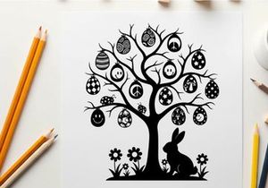 Easter bunny silhouette under decorated tree with eggs