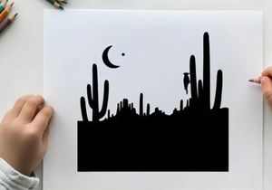 Desert night silhouette with cacti and moon