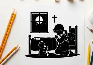 Silhouette of child and dog praying before bed at night