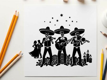 Day of the dead mariachi musicians silhouette with candles and stars