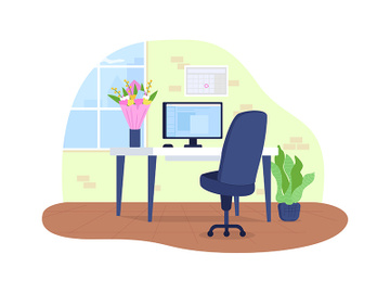 Workplace with flowers in vase 2D vector web banner, poster preview picture