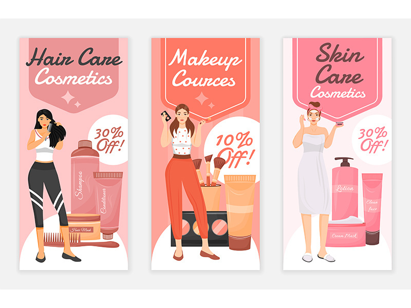 Beauty products and procedures flyers flat vector templates set