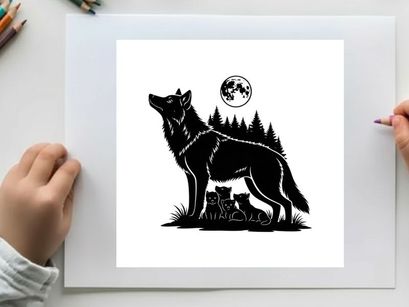 Silhouette of a wolf howling at the full moon in forest