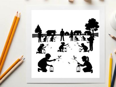 Silhouette of children releasing fireflies on a summer evening in a suburban setting