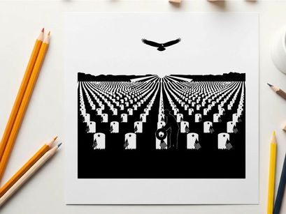 Silhouette of eagle flying over rows of white headstones in a cemetery silhouette