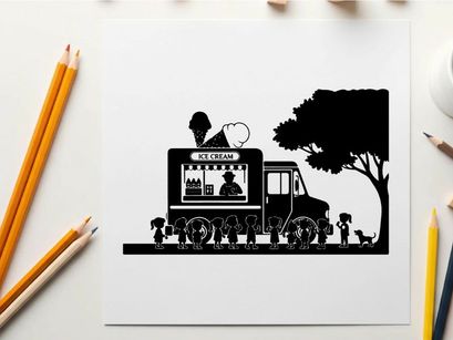 Silhouette of a man driving a truck with dogs and a tree