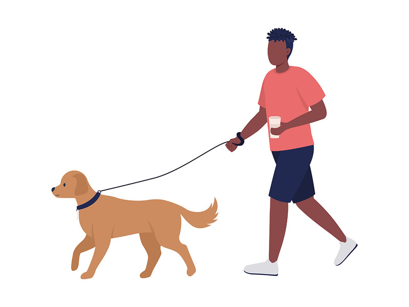 Man walking dog on street semi flat color vector characters