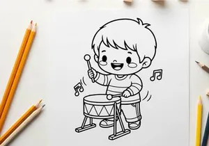 Cute child playing drums happy music vector illustration