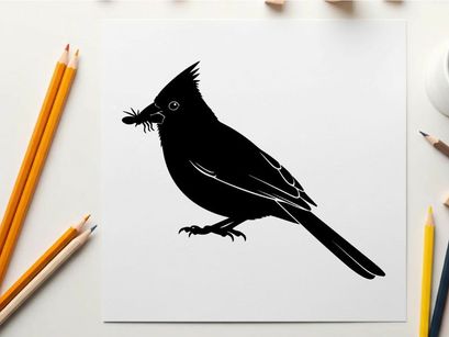 Silhouette of a cardinal bird with a bug in its beak