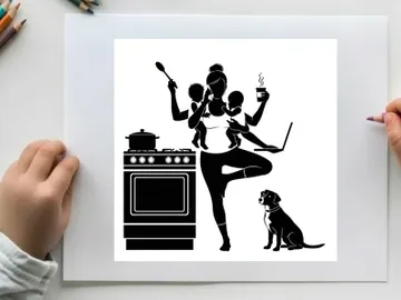 Multitasking mom silhouette juggling family life with dog preview picture