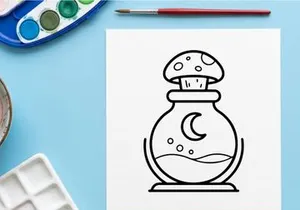 Cute cartoon potion bottle with moon and stars design. Whimsical magic elixir jar for fantasy and Halloween themes.