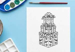 Stack of Christmas gift boxes with bows, holiday present coloring page illustration
