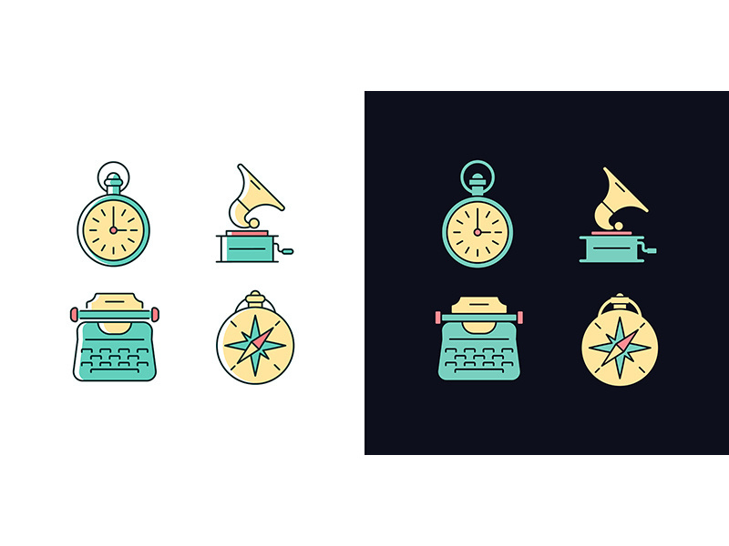 Old-fashioned items light and dark theme RGB color icons set