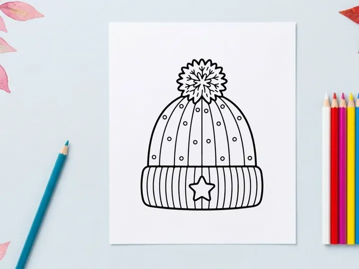Topi beanie musim dingin dengan pom pom dan ikon bintang, ilustrasi seni garis hitam putih