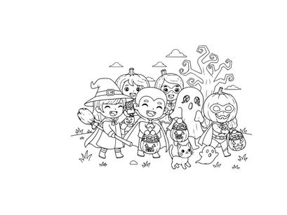 Halloween trick or treat kids group vector illustration flat design
