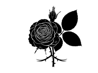 Silhouette of a detailed black rose with leaves and thorns