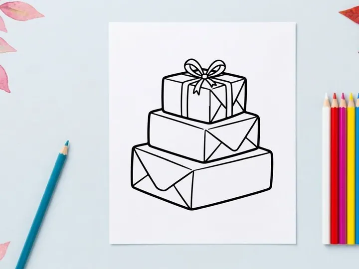 Stack of Christmas gift boxes with a bow, black and white line art illustration.