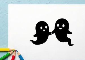 Cute Cartoon Ghosts Holding Hands in Black and White Illustration