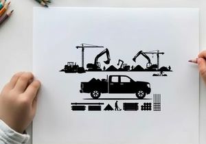 Construction site silhouette with truck and equipment