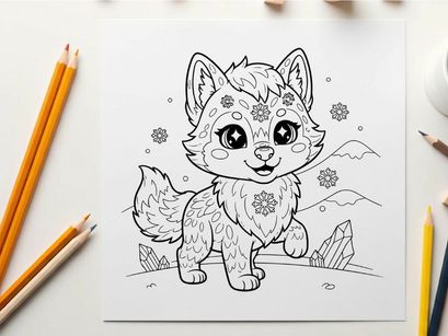 Cute white wolf puppy with flowers vector illustration flat design