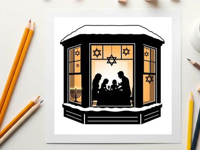 A silhouette of a family celebrating hanukkah in a cozy snow covered house