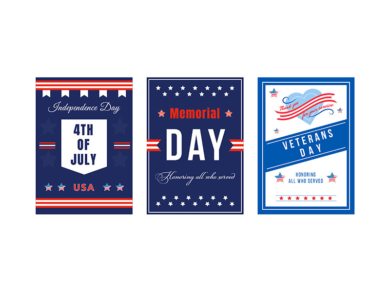 American national holiday poster flat vector templates set