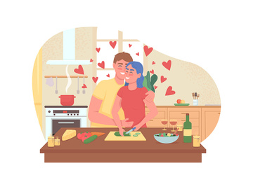 Couple cooking romantic dinner 2D vector web banner, poster preview picture