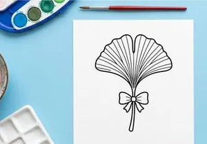 Ilustrasi Daun Ginkgo Elegant dengan Pita. Desain botani artistik untuk dekorasi dan branding.