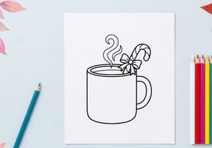 Hot cocoa mug with candy cane and snowflake steam for festive Christmas celebration