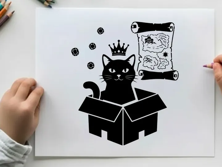 A black cat silhouette wearing crown emerges from box