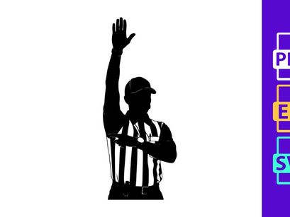 Referee in black and white silhouette signaling a call in a sports game