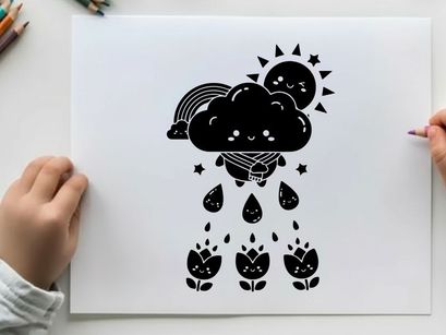 Silhouette of a smiling sun and cloud with rain and flowers