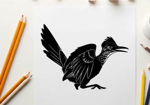 Silhouette of a roadrunner in mid stride with wings spread wide