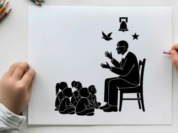 Silhouette of a man telling stories to children with silhouette preview picture