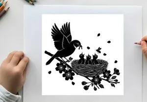 Silhouette of a bird feeding its chicks in a nest with berries