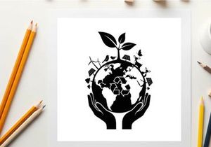 Silhouette of hands holding a globe with a plant and city silhouette