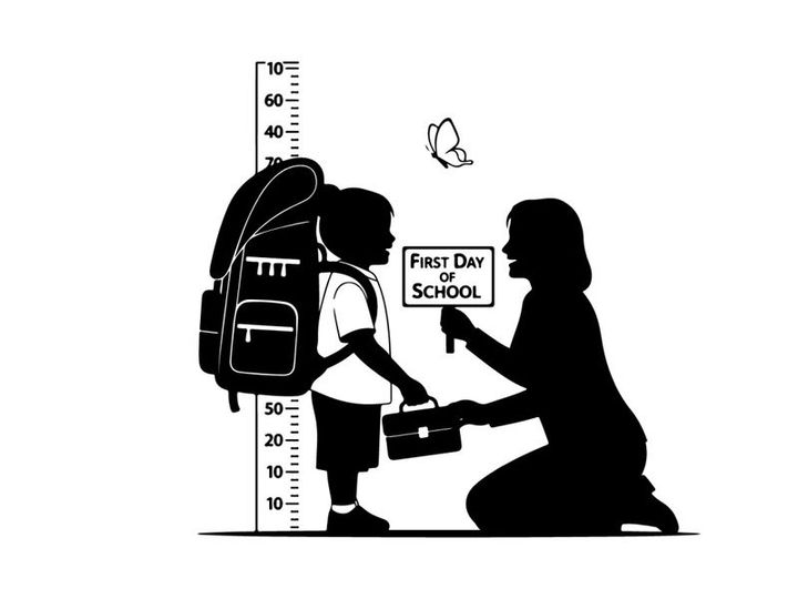 Silhouette of a child and woman with a school sign and growth chart