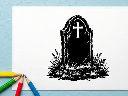 Silhouette of a Cross on a Tombstone in a Cemetery Scene
