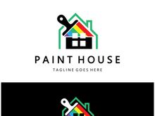 logo icon illustration house paint with a blend of brushes and rollers for house wall paint design, minimalist house, painting, interior, building, property business, wallpaper, vector concept
