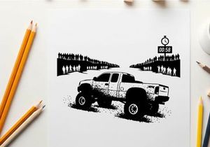 Silhouette of a lifted truck with people in the background silhouette
