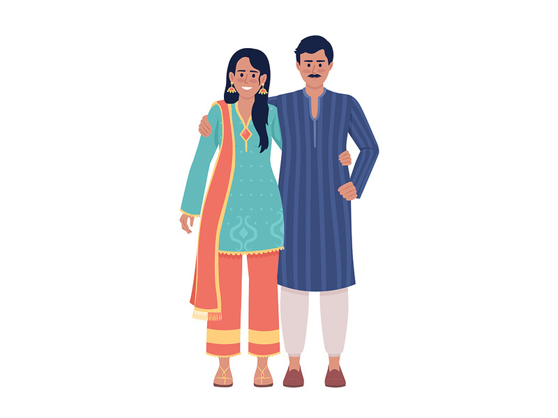 Happy couple wearing indian ethnic attires semi flat color vector characters